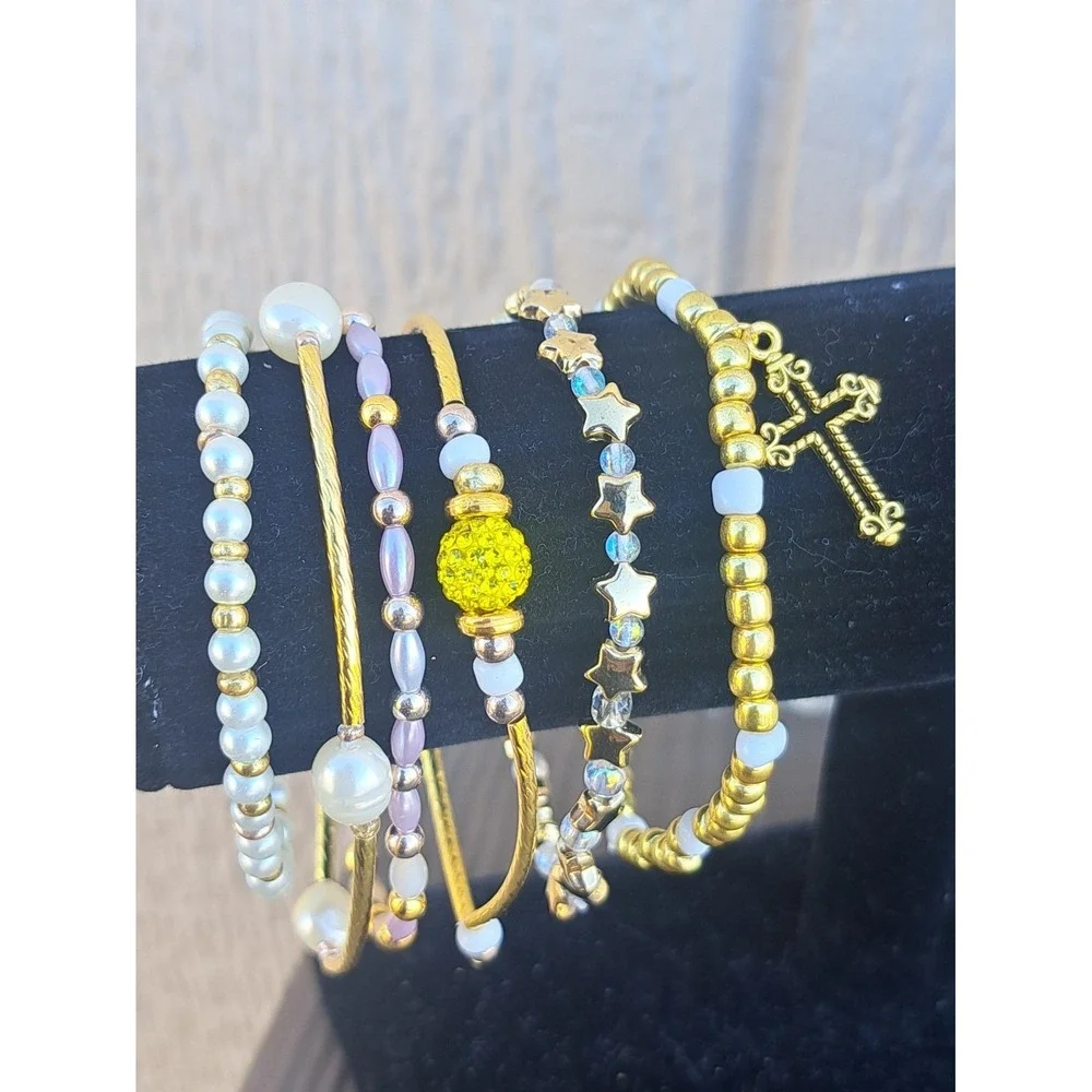 Pearl and Cross Charm Bracelet Set, 6pc